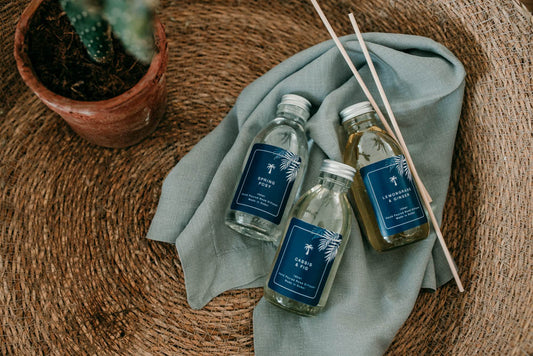 Tonka and Myrrh Luxury Reed Diffuser from room fragrance brand, The Oasis Candle Co