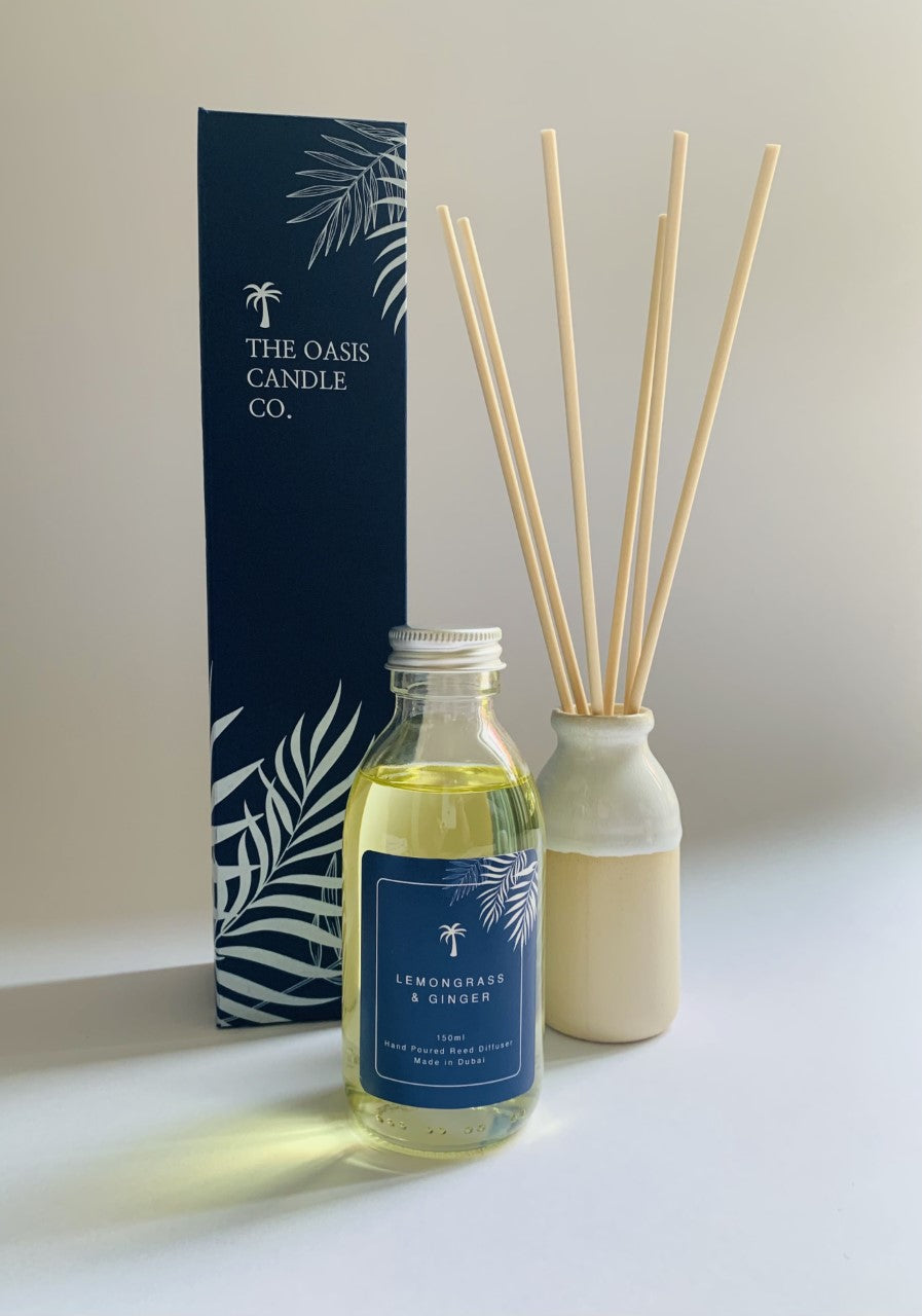 Tonka and Myrrh Luxury Reed Diffuser from room fragrance brand, The Oasis Candle Co