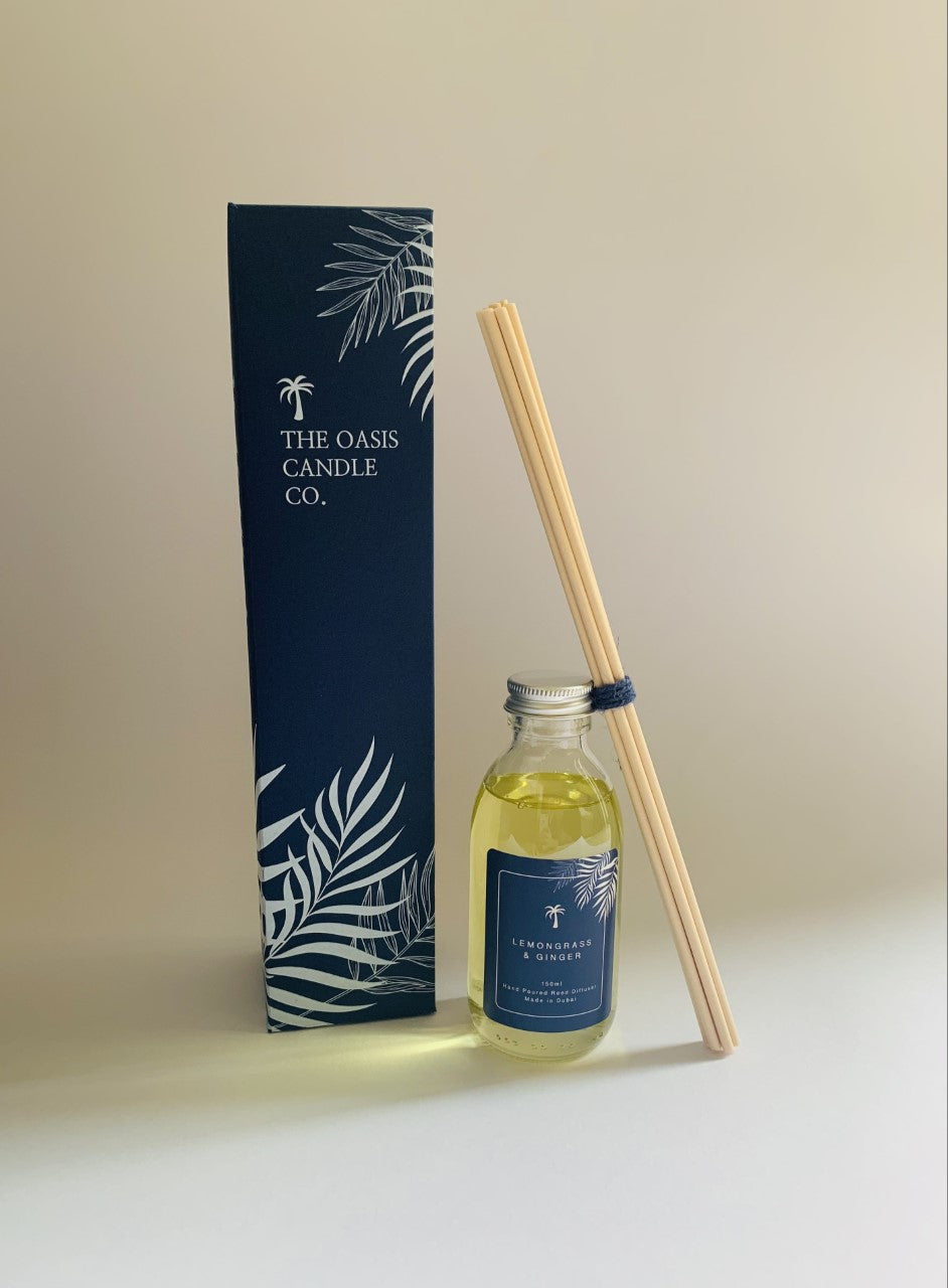 Tonka and Myrrh Luxury Reed Diffuser from room fragrance brand, The Oasis Candle Co